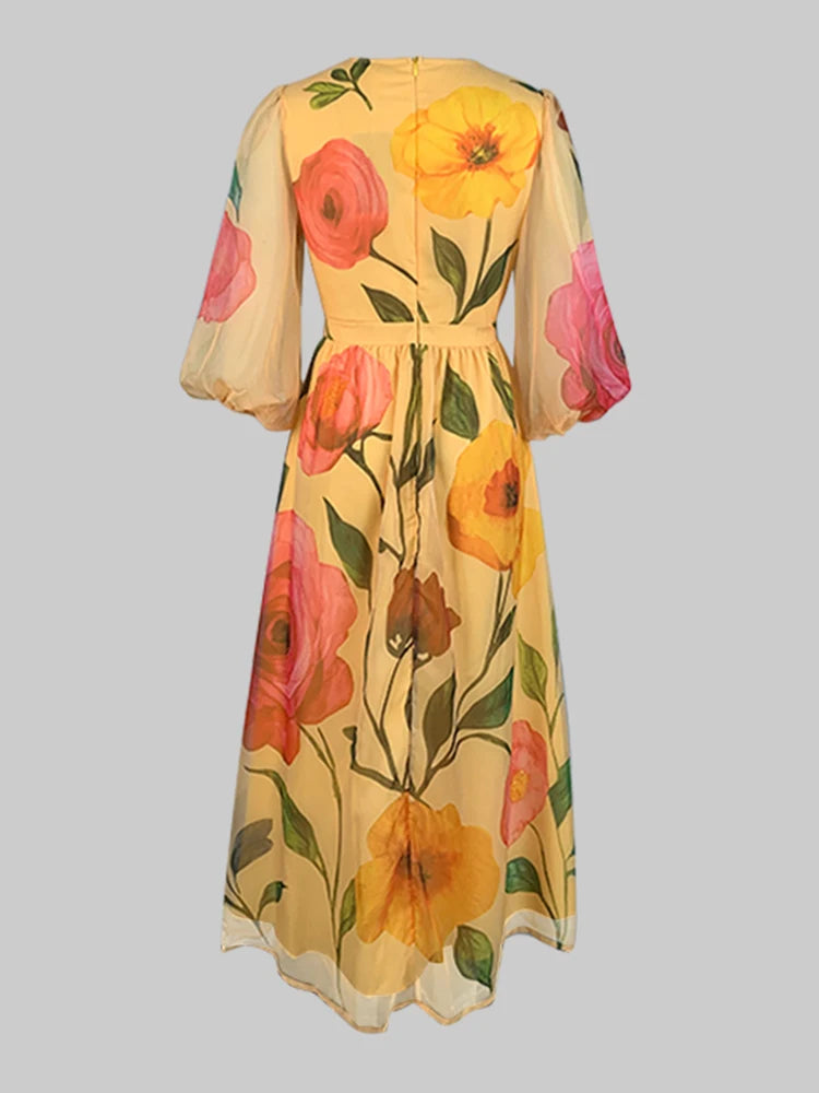 Women's Floral Print Chiffon Bohemian Midi Dress – Elegant Puff Sleeve See-Through Beach & Party Dress (S-XXL)