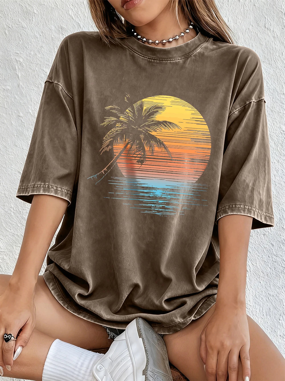 Women's Sunset Coconut Tree Washed Cotton T-Shirt | Oversized Summer Tee | Soft Streetwear Top