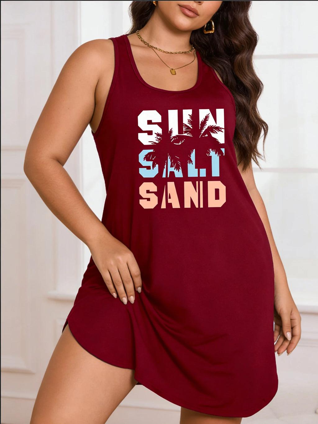 Women's Plus Size Palm Tree Print Casual Dress – Loose Fit Sleeveless Knee-Length Beach Vacation Dress (L-4XL)