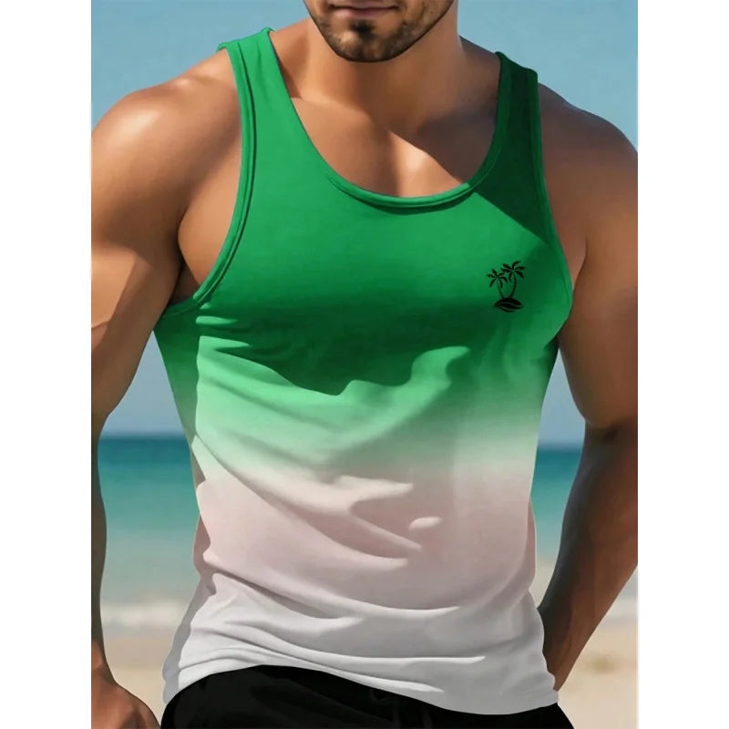 Men's Coconut Tree Print Tank Top | Colorful Gradient 3D Tee | Summer Casual Streetwear Vest