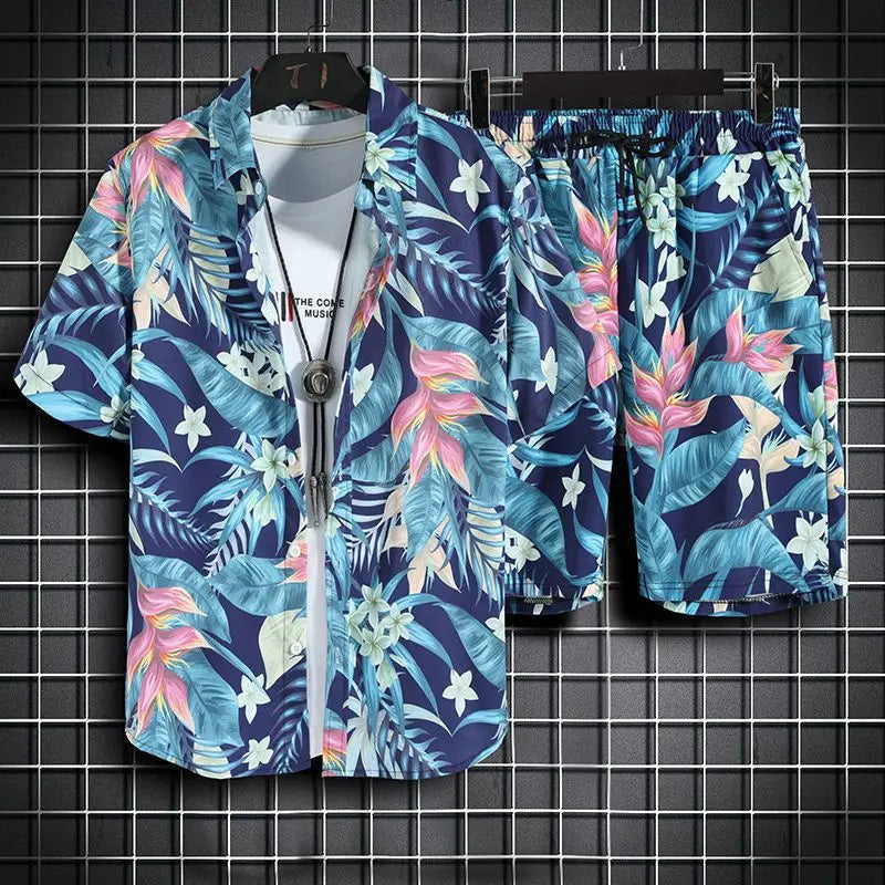 Men's 2-Piece Hawaiian Beach Set – Quick-Dry Print Shirt & Matching Shorts