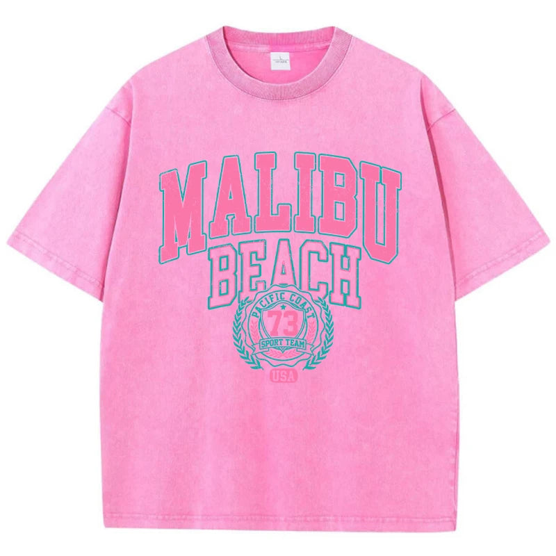 Women's Malibu Beach Washed Oversized T-Shirt – Letter Print 100% Cotton Crewneck Casual Tee (XS-XXL, 17 Colors)