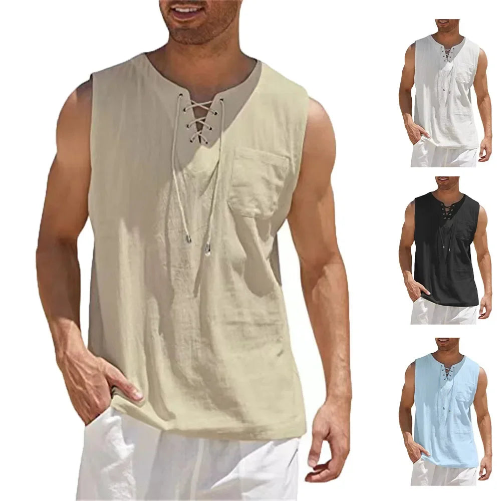 Men's Cotton Linen Sleeveless Vest – Retro V-Neck Lace-Up Tank Top, Loose Fit