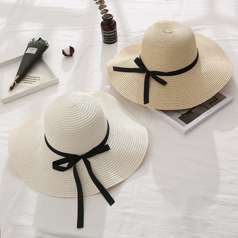 Women's Wide Brim Straw Beach Hat – Foldable Sun Hat with Bow