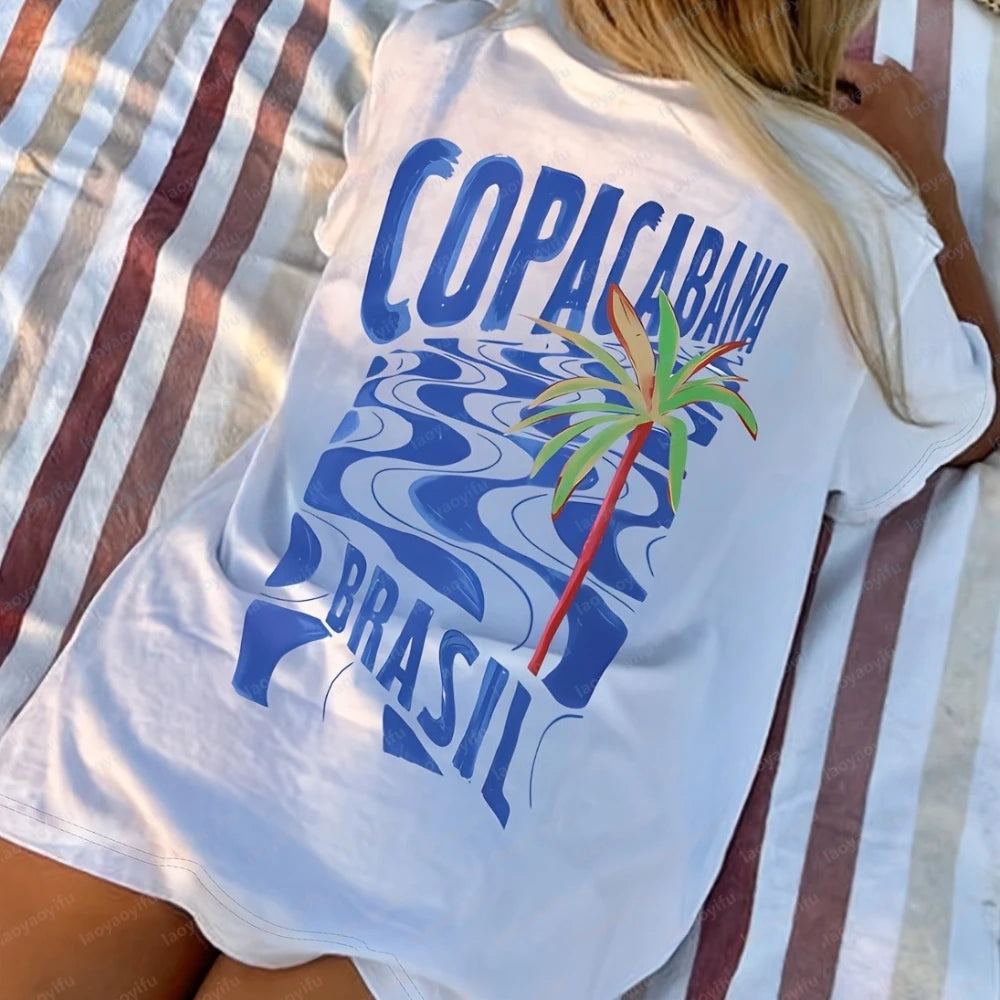 Women's Copacabana T-Shirt – Tropical Coconut Tree Graphic Beach Tee