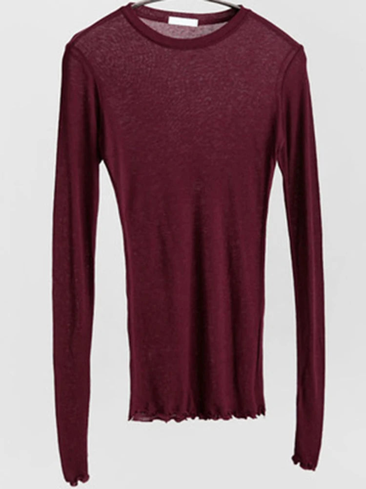 Women's Long Sleeve Sheer Basic T-Shirt | Stretchy Layering Top