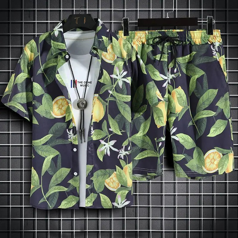 Men's 2-Piece Hawaiian Beach Set – Quick-Dry Print Shirt & Matching Shorts