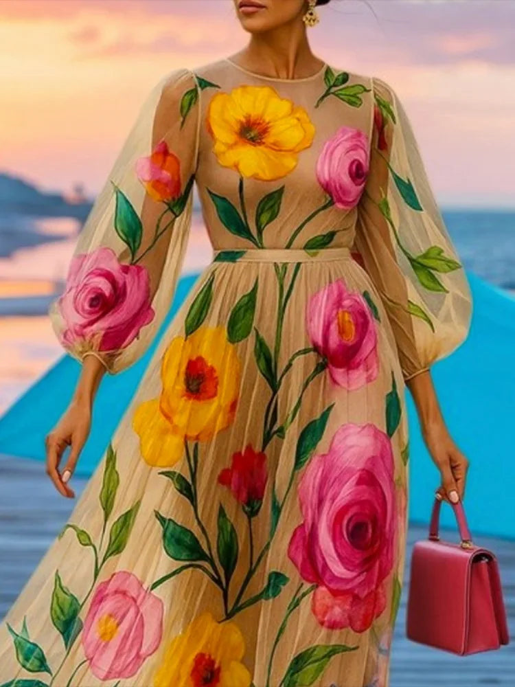 Women's Floral Print Chiffon Bohemian Midi Dress – Elegant Puff Sleeve See-Through Beach & Party Dress (S-XXL)