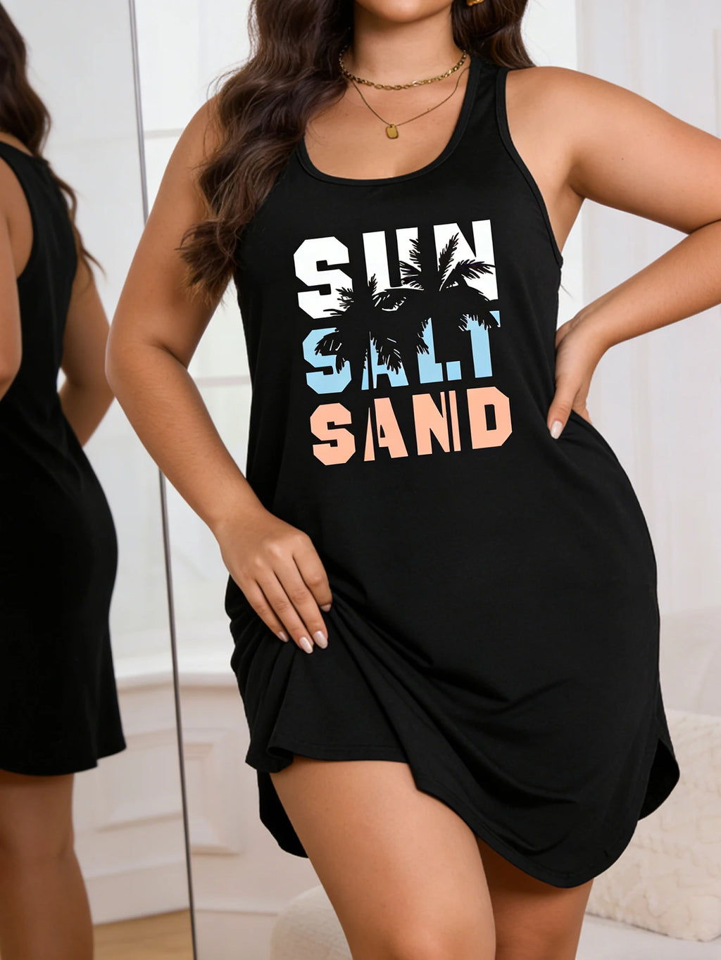 Women's Plus Size Palm Tree Print Casual Dress – Loose Fit Sleeveless Knee-Length Beach Vacation Dress (L-4XL)
