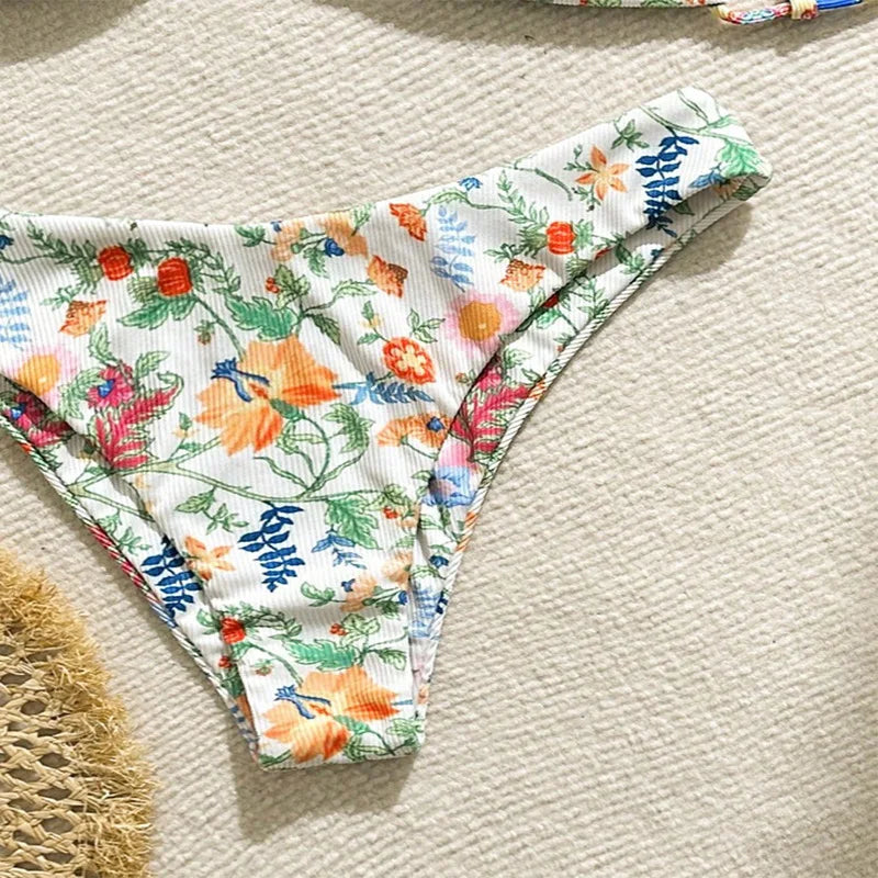 Women's Green Floral Bikini Set – Front Bow Push-Up Micro Swimsuit
