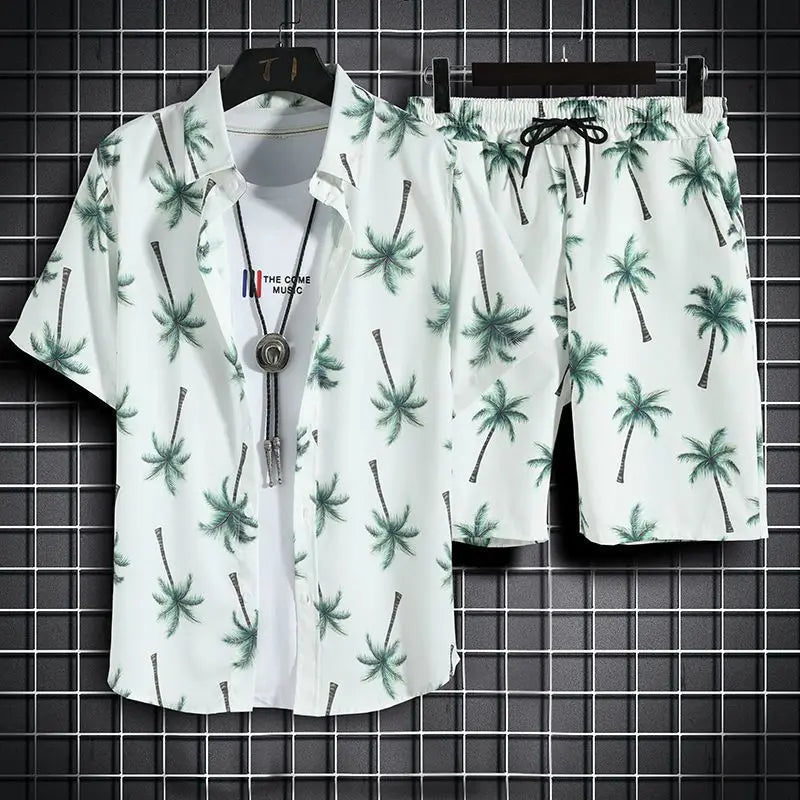 Men's 2-Piece Hawaiian Beach Set – Quick-Dry Print Shirt & Matching Shorts