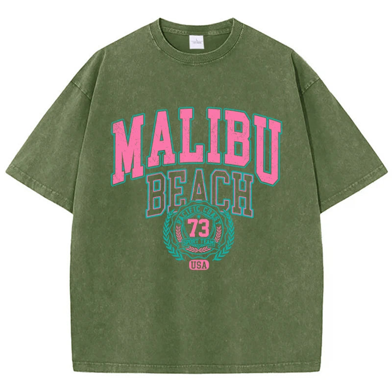 Women's Malibu Beach Washed Oversized T-Shirt – Letter Print 100% Cotton Crewneck Casual Tee (XS-XXL, 17 Colors)