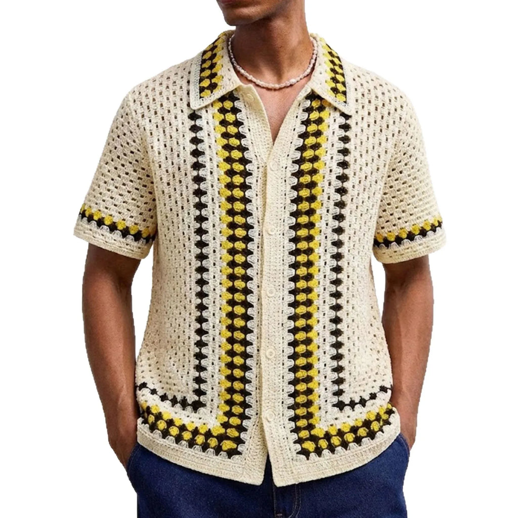 Men's Crochet Hollow Knit Polo Shirt – Summer Casual Vacation Top
