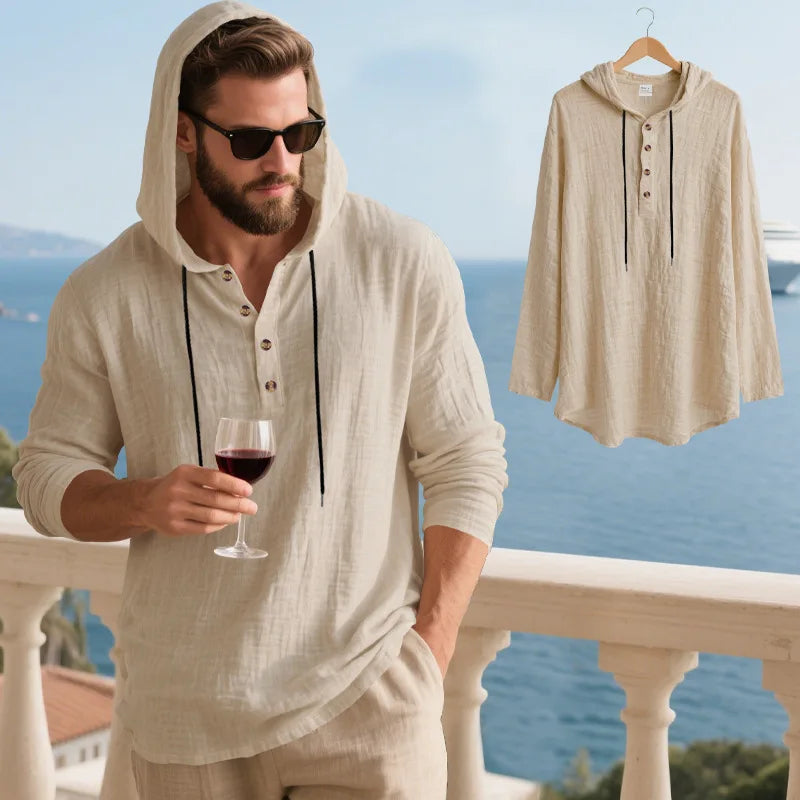 Men's Linen Blend Hooded Long Sleeve Shirt | Breathable Beach Casual Top