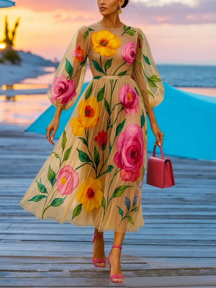 Women's Floral Print Chiffon Bohemian Midi Dress – Elegant Puff Sleeve See-Through Beach & Party Dress (S-XXL)