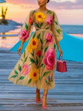 Women's Floral Print Chiffon Bohemian Midi Dress – Elegant Puff Sleeve See-Through Beach & Party Dress (S-XXL)