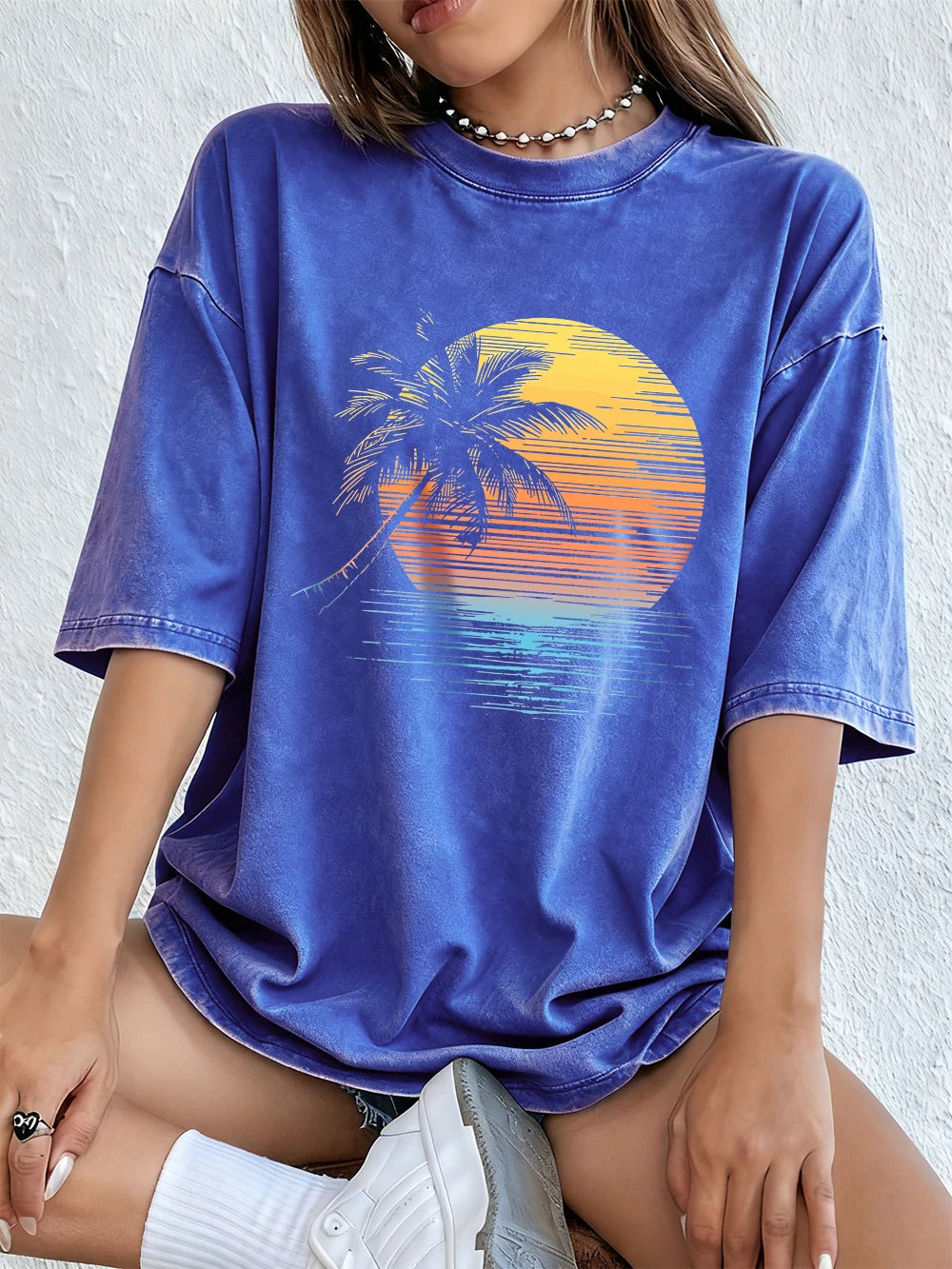 Women's Sunset Coconut Tree Washed Cotton T-Shirt | Oversized Summer Tee | Soft Streetwear Top