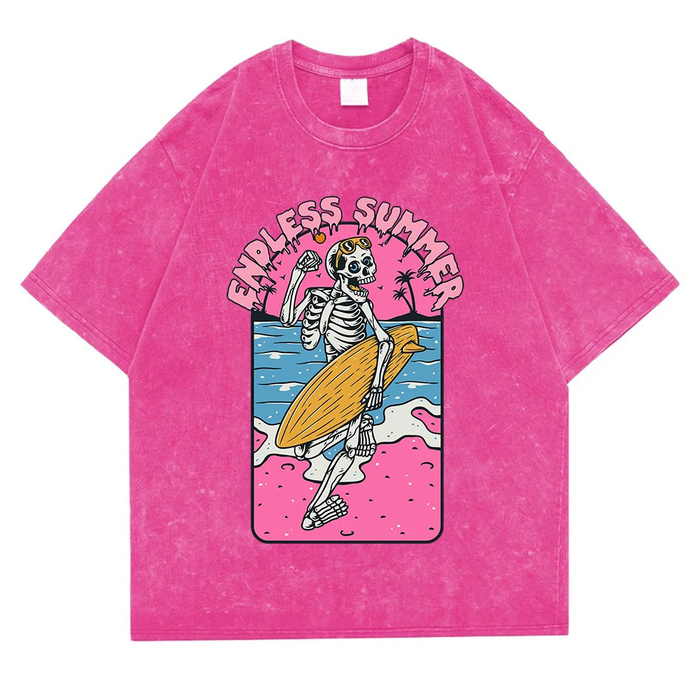 Endless Summer Skeleton Surfing T-Shirt | Washed Retro Graphic Tee | Unisex