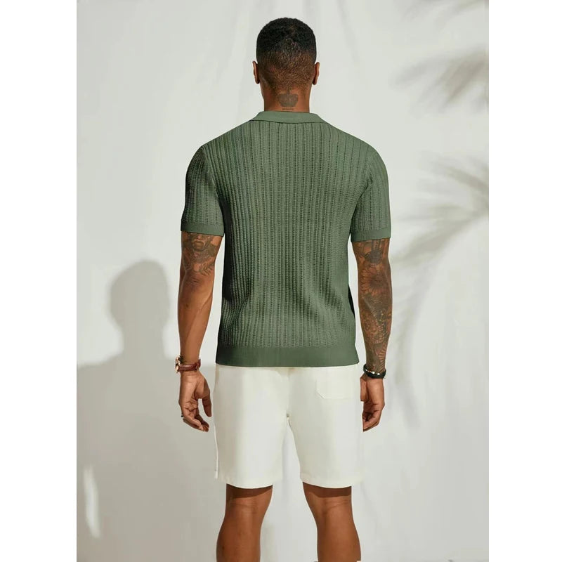 Men's Short-Sleeve Knitted Polo Shirt – Casual Loose Fit with Turn-Down Collar