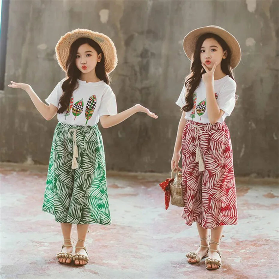 Girls Summer Clothing Set – Short Sleeve Top & Pants (Sizes 4T–13T)