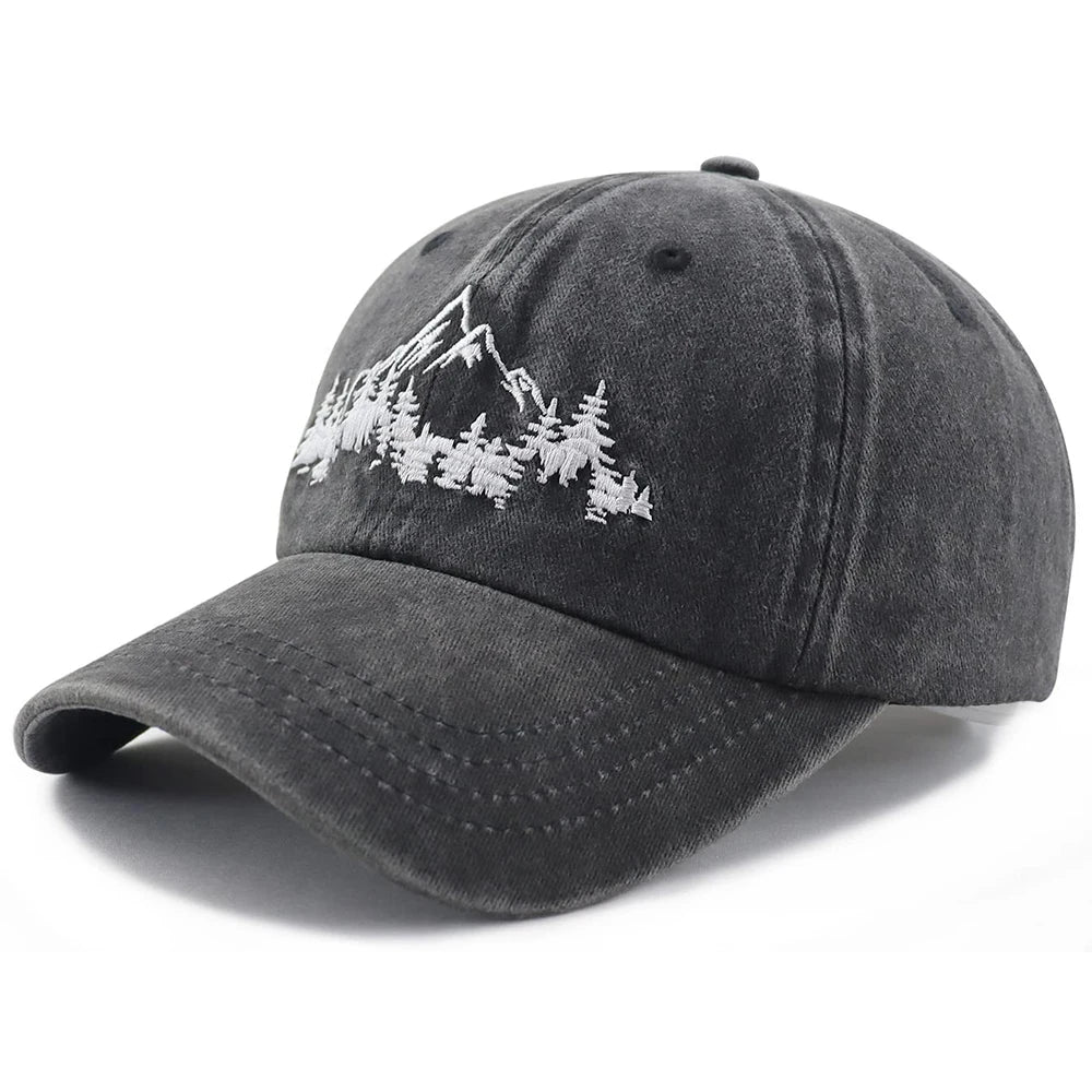 Mountain Trees Embroidered Baseball Cap – Unisex Cotton Dad Hat for Hiking & Outdoors