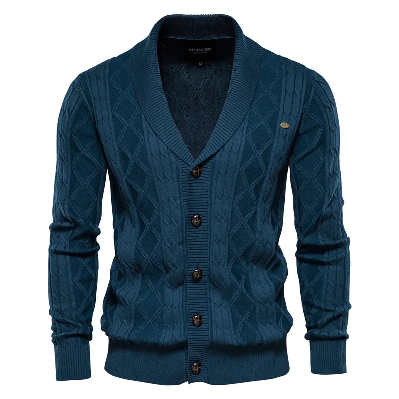Men's Argyle Cotton Cardigan – Classic V-Neck Button-Up Sweater for Fall & Winter