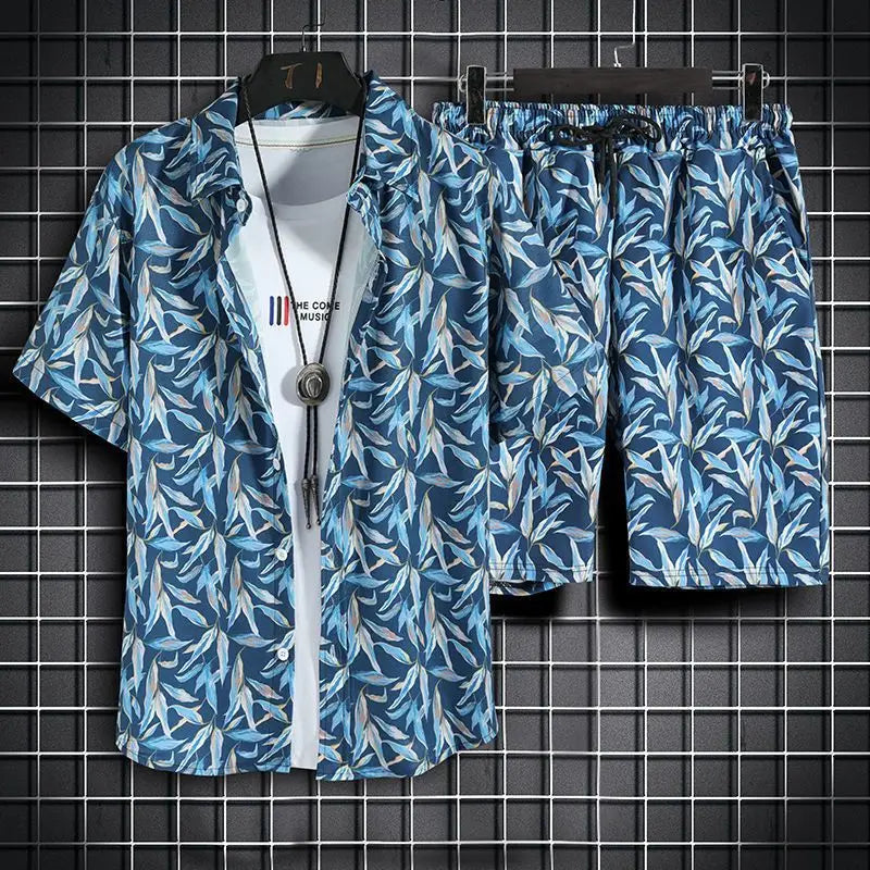 Men's 2-Piece Hawaiian Beach Set – Quick-Dry Print Shirt & Matching Shorts