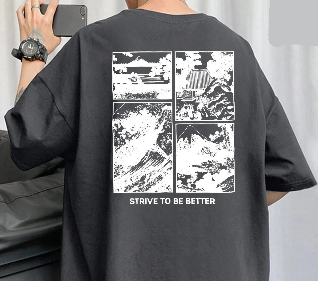 Men's Japanese Loft Print Cotton Tee – Loose Fit, Breathable Sportswear