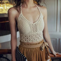 Women's Sexy Halter Neck Crop Top – Tassel & Lace Back Spaghetti Strap Cami with Built-In Bra