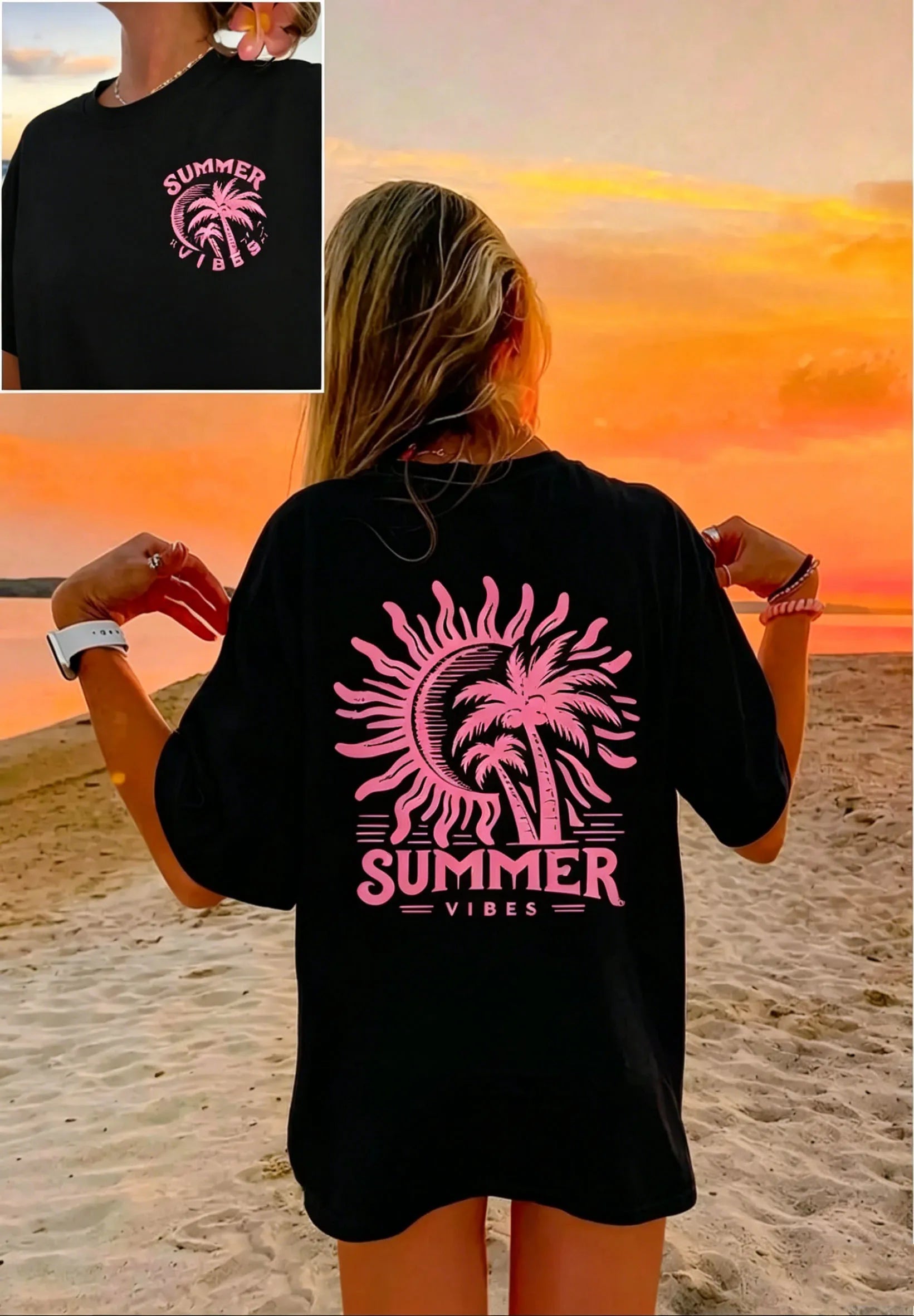 Women's Palm Tree & Sun Print T-Shirt – Casual Beach Vacation Tee