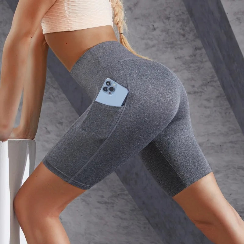 Women's High Waist Sports Shorts with Double Pockets – Slim Fit