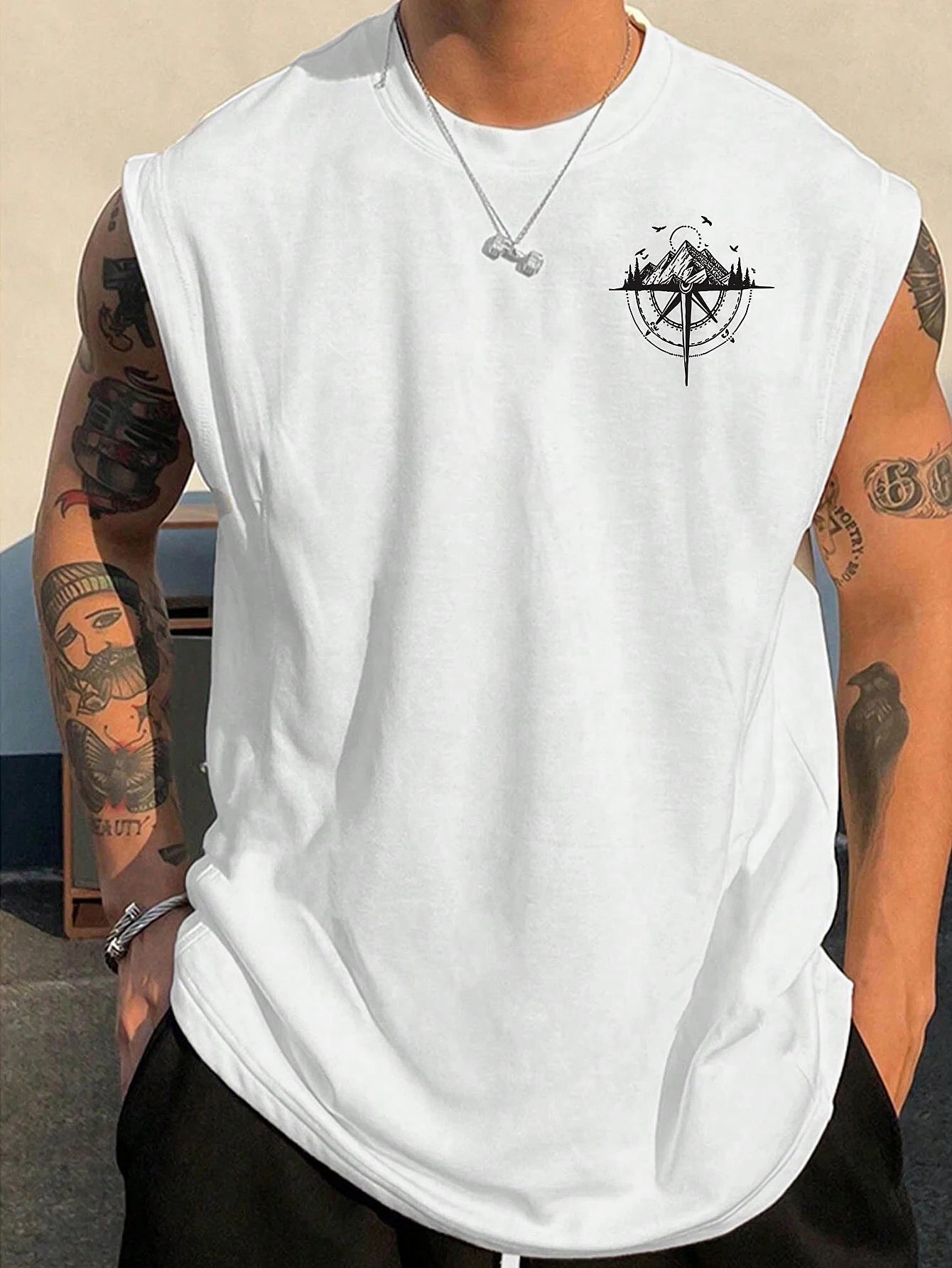 Men's Compass & Mountain Print Tank Top – Loose Fit Breathable Sleeveless Vest for Sports, Travel & Summer (S-XXL)