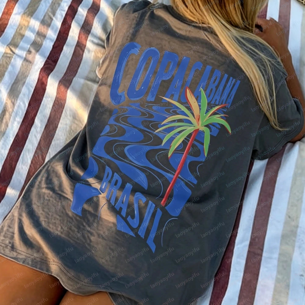 Women's Copacabana T-Shirt – Tropical Coconut Tree Graphic Beach Tee