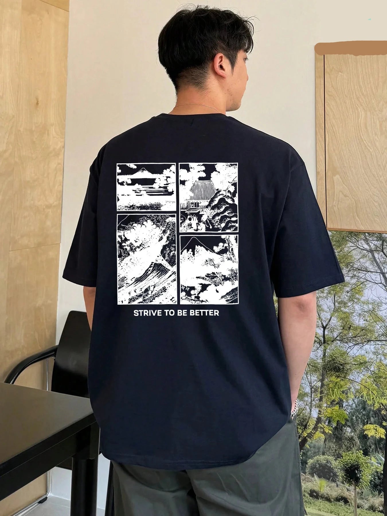 Men's Japanese Loft Print Cotton Tee – Loose Fit, Breathable Sportswear