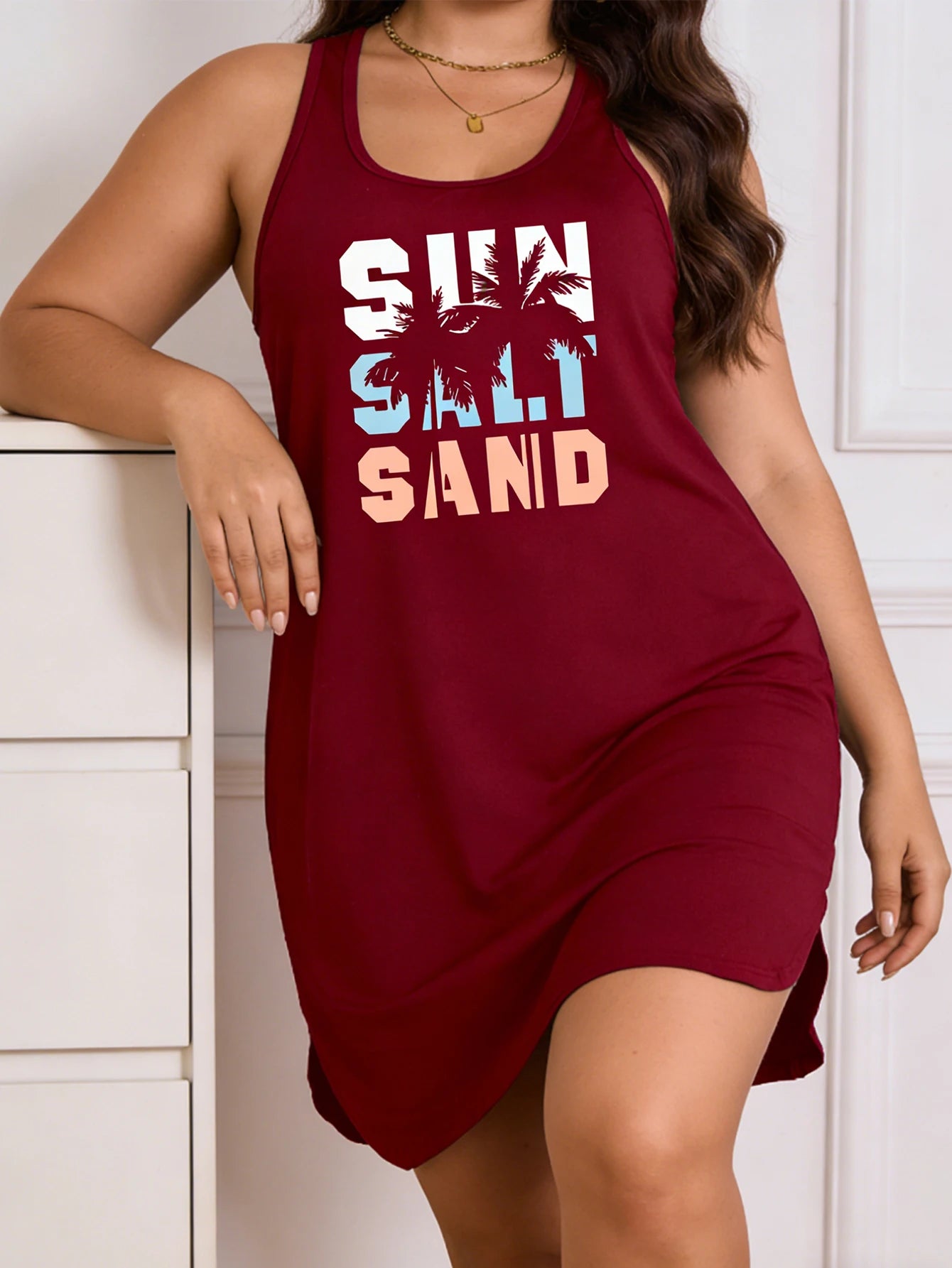 Women's Plus Size Palm Tree Print Casual Dress – Loose Fit Sleeveless Knee-Length Beach Vacation Dress (L-4XL)