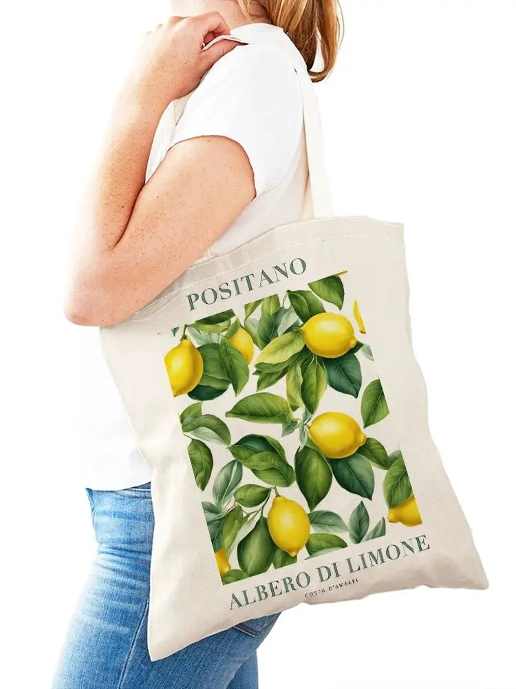 Positano Lemon & Leaves Canvas Tote Bag – Women's Eco Shopper | Italian Summer Handbag