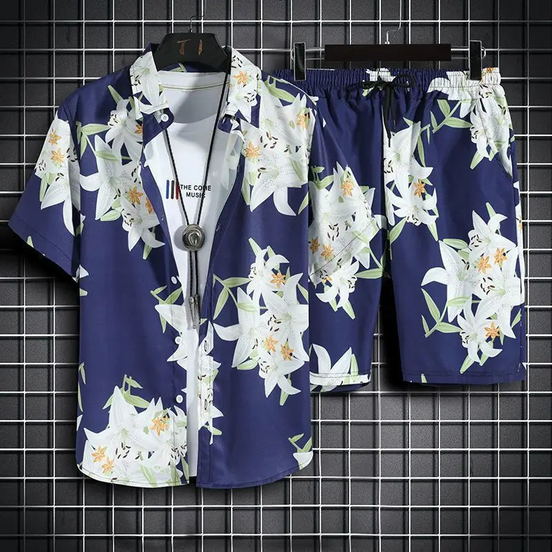 Men's 2-Piece Hawaiian Beach Set – Quick-Dry Print Shirt & Matching Shorts
