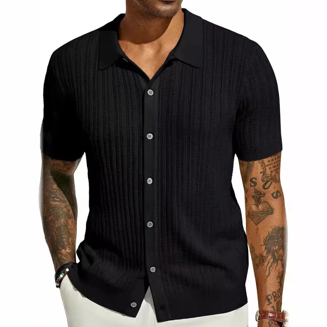 Men's Short-Sleeve Knitted Polo Shirt – Casual Loose Fit with Turn-Down Collar