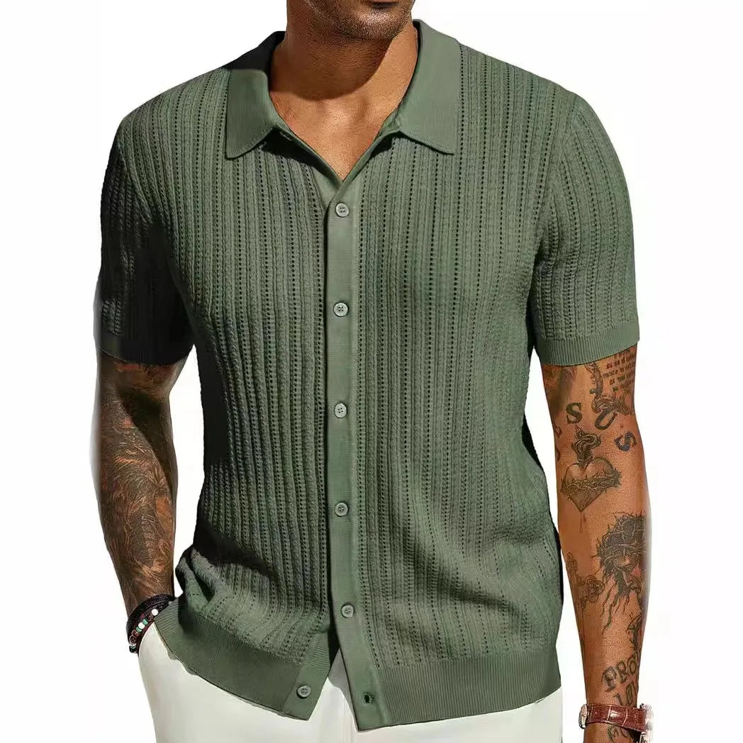 Men's Short-Sleeve Knitted Polo Shirt – Casual Loose Fit with Turn-Down Collar