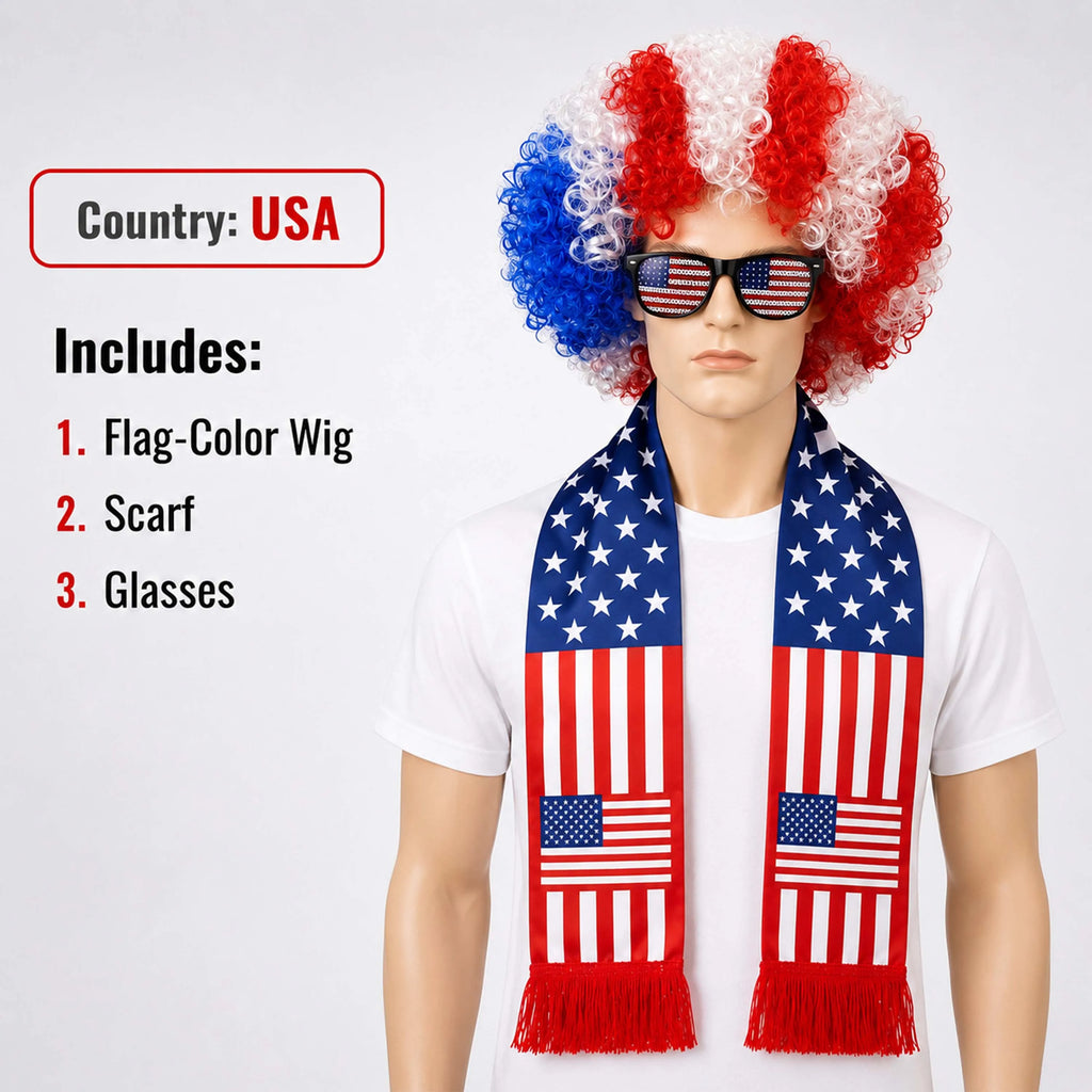 World Cup Fan Wig & Accessories Set | National Team Colors with Scarf & Glasses