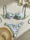 Women's Green Floral Bikini Set – Front Bow Push-Up Micro Swimsuit
