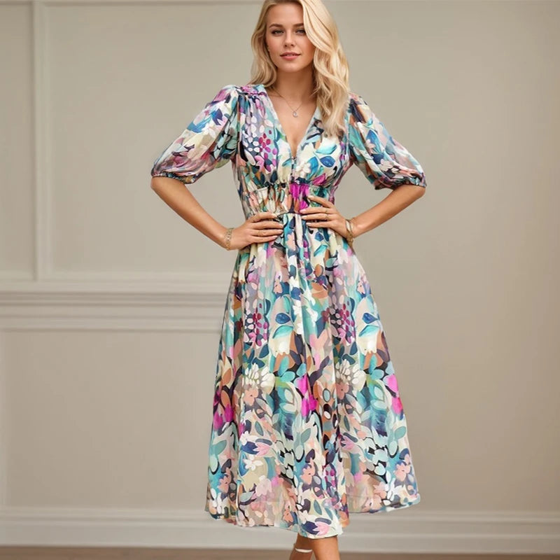 Women's Floral Chiffon Maxi Dress | Lantern Sleeve Summer Beach Dress