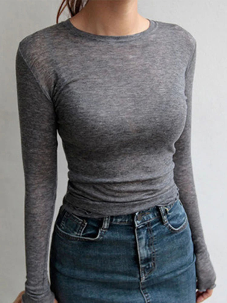 Women's Long Sleeve Sheer Basic T-Shirt | Stretchy Layering Top