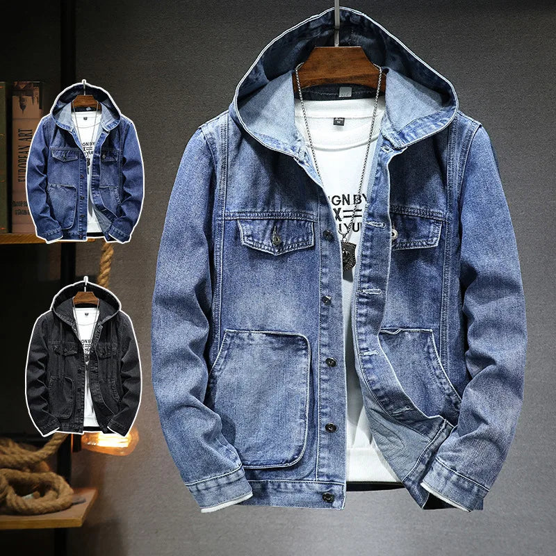 Men's Hooded Denim Jacket – Casual Button-Up Coat with Pockets