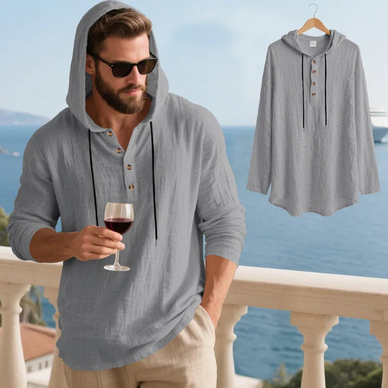 Men's Linen Blend Hooded Long Sleeve Shirt | Breathable Beach Casual Top