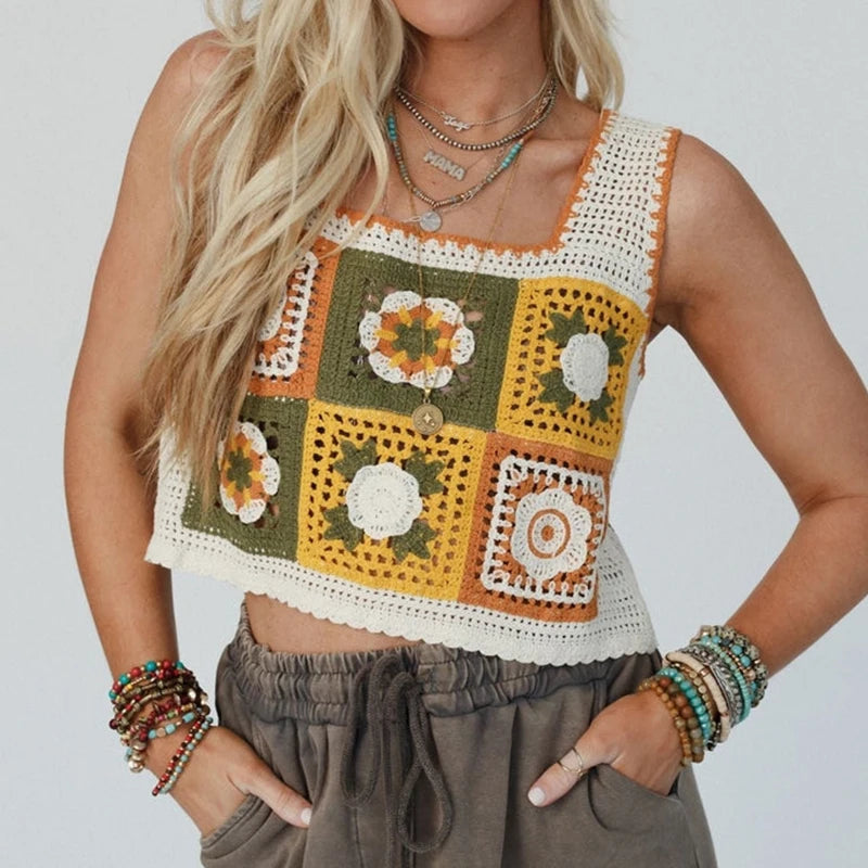 Women's Granny Square Crochet Crop Top – Floral Embroidery Open-Knit Cami for Summer
