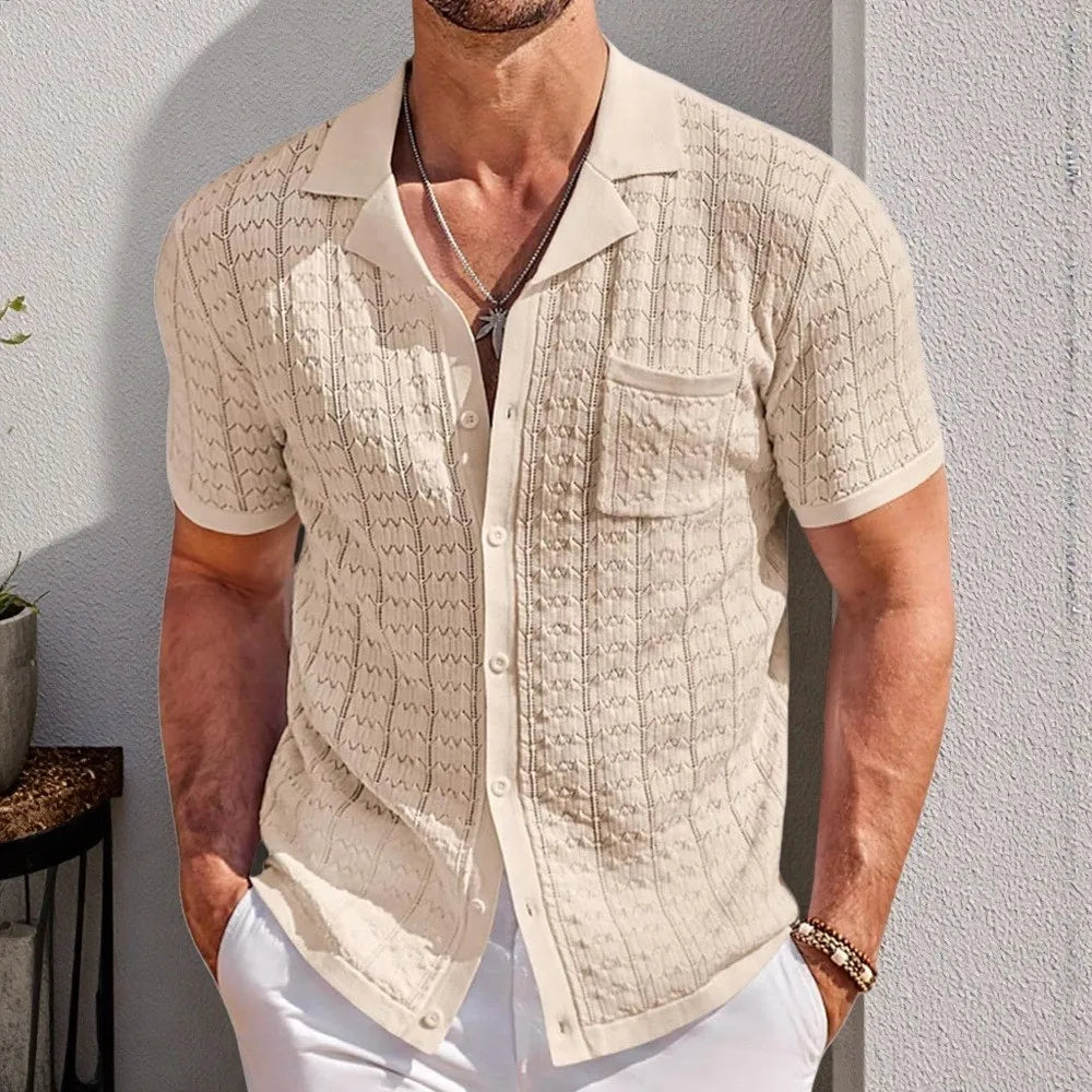 Men's Cuban Collar Knit Polo Shirt – Short Sleeve Striped Viscose Knitwear