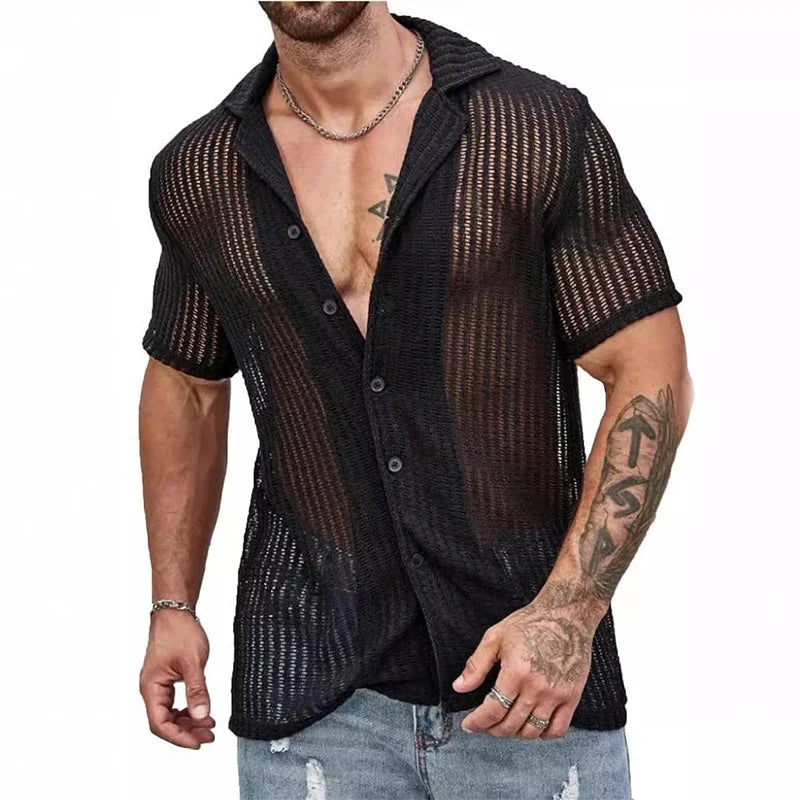 Men's Hollow Knit Beach Shirt – Breathable Short Sleeve Button-Up