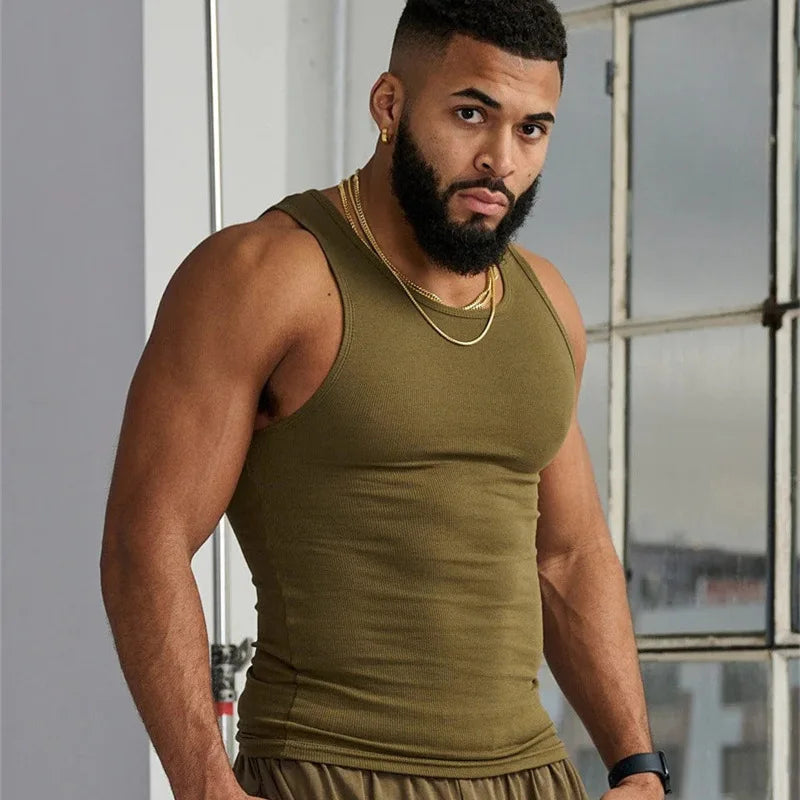 Men's Ribbed Muscle Tank Top – Slim Fit Ice Silk Vest for Gym & Beach