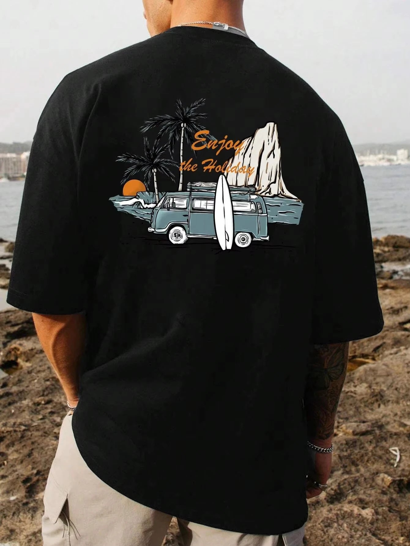 Men's Coconut Tree & Bus Print T-Shirt – 100% Cotton Breathable Beach Vacation Tee